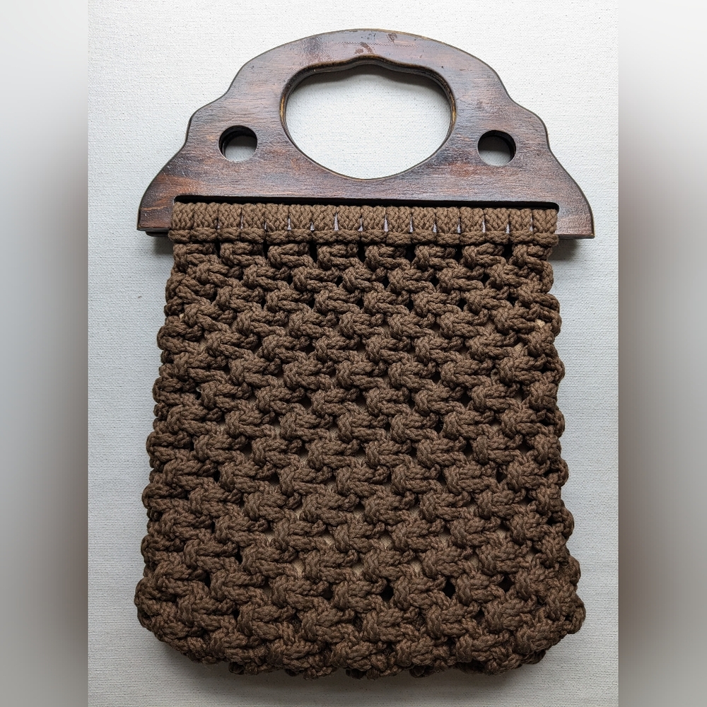 Vintage Clutch Wooden Handles Macrame Handheld Handbag Purse  Brown I-2